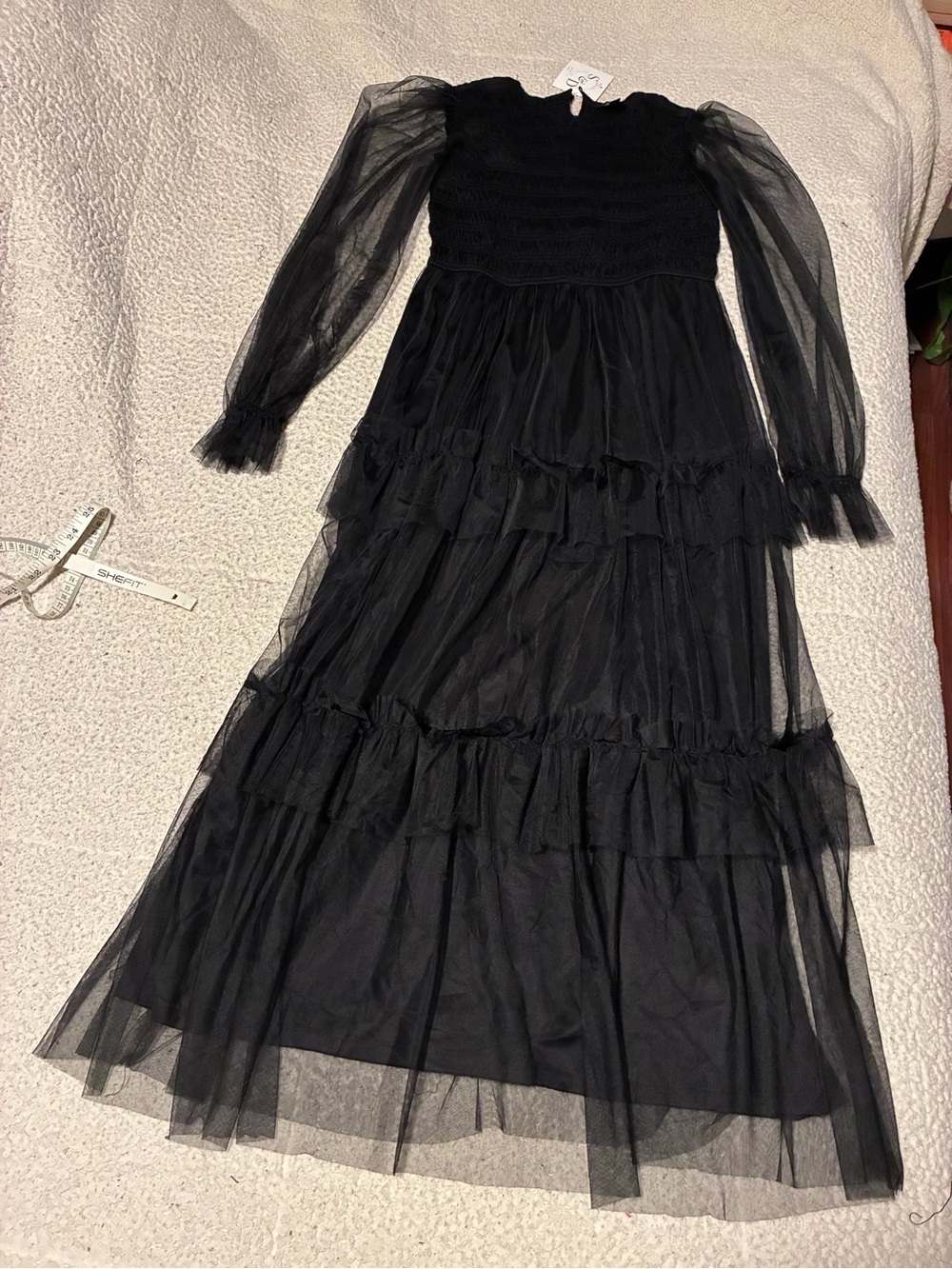 Women's Black Tiered Tulle  Mesh Dress with Sheer Long Sleeves, size small, nwt